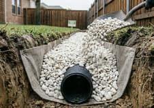 French drain trench with perforated pipe and white gravel beside a house