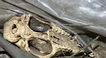 Animal skull and debris on old plastic in a crawlspace